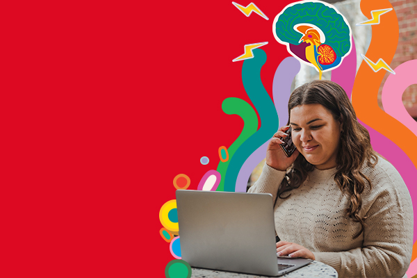 Young woman on phone using laptop computer