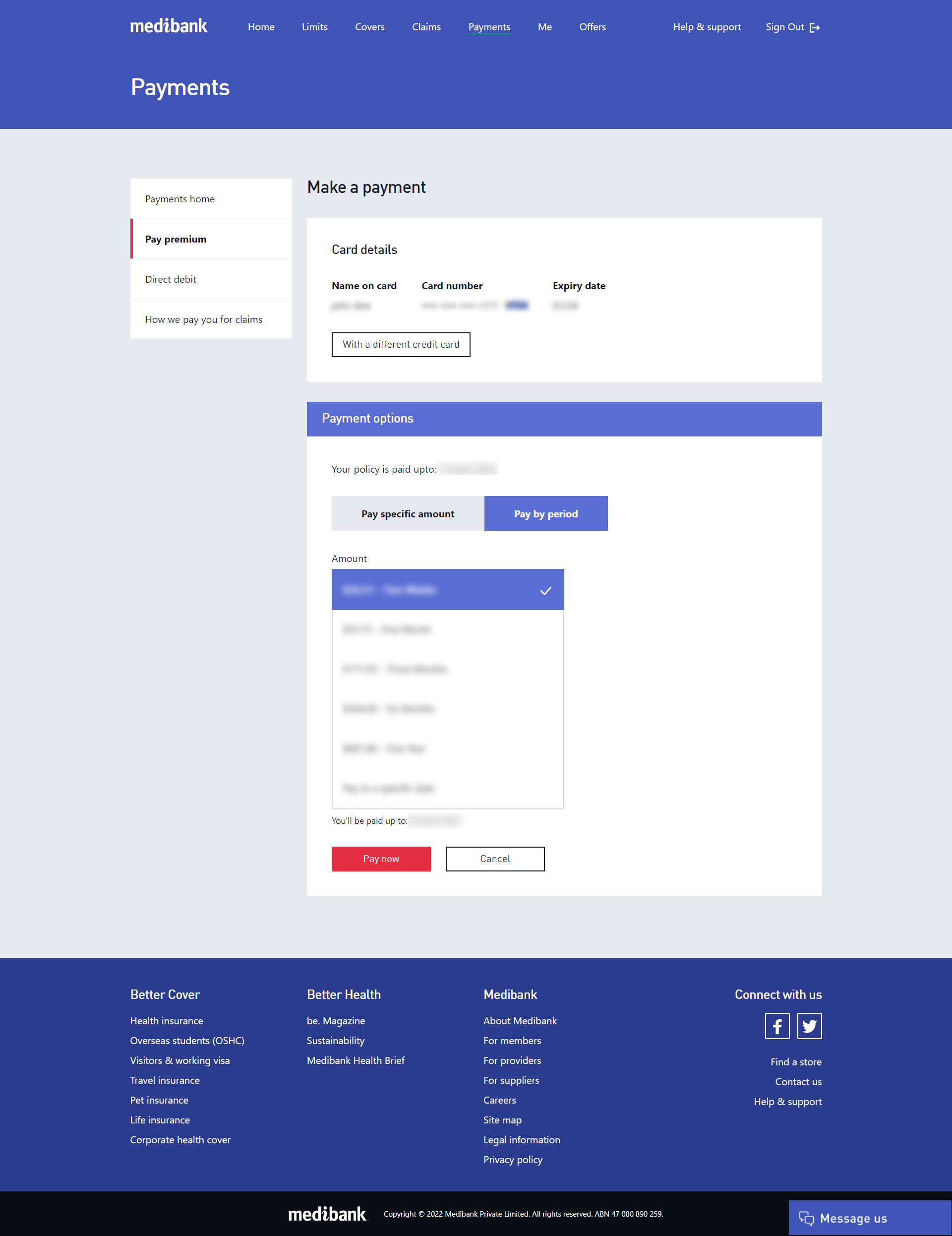 Pay your premium by period in My Medibank on the web