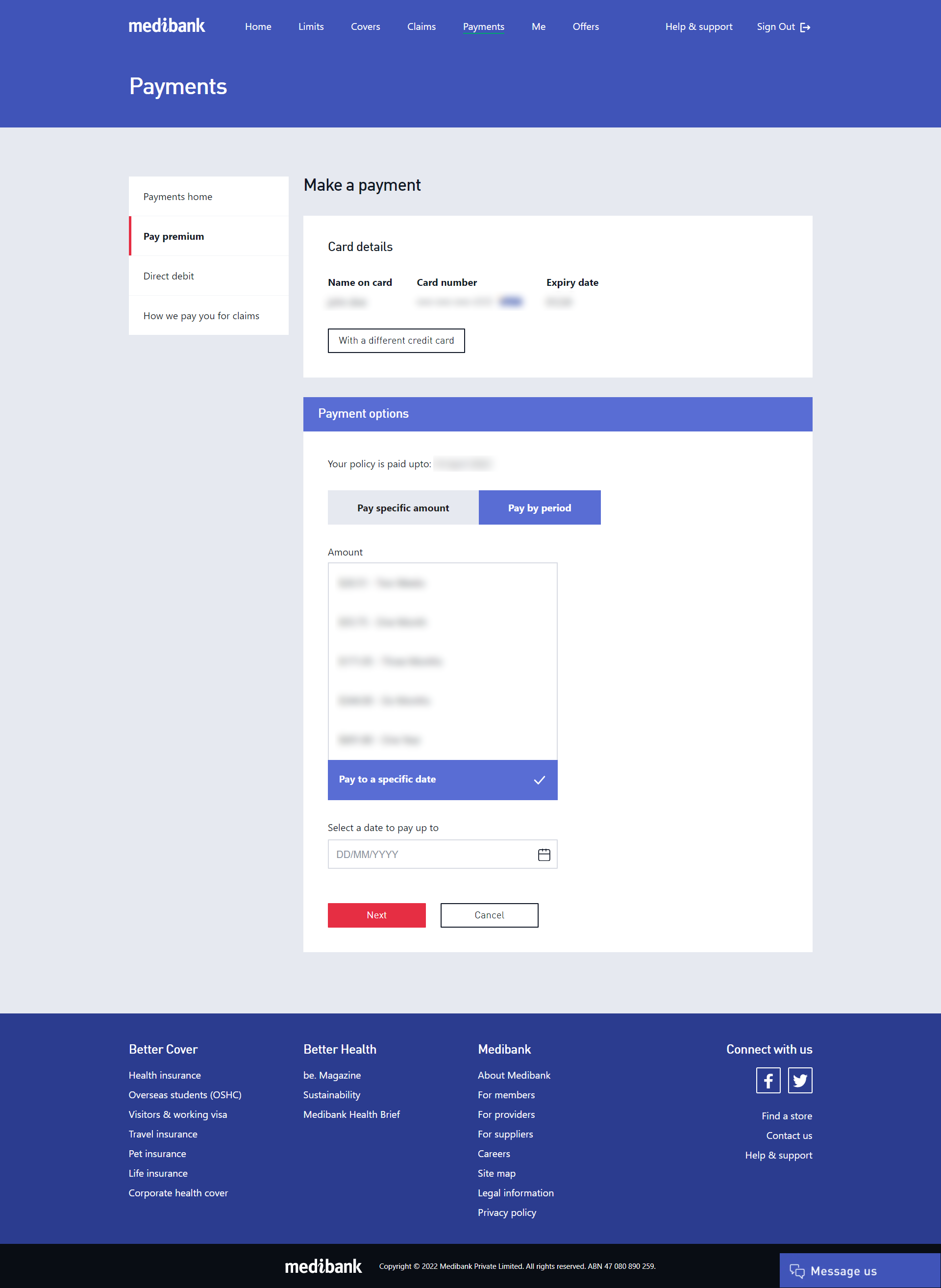 Pay your premium to a specific date in My Medibank on the web