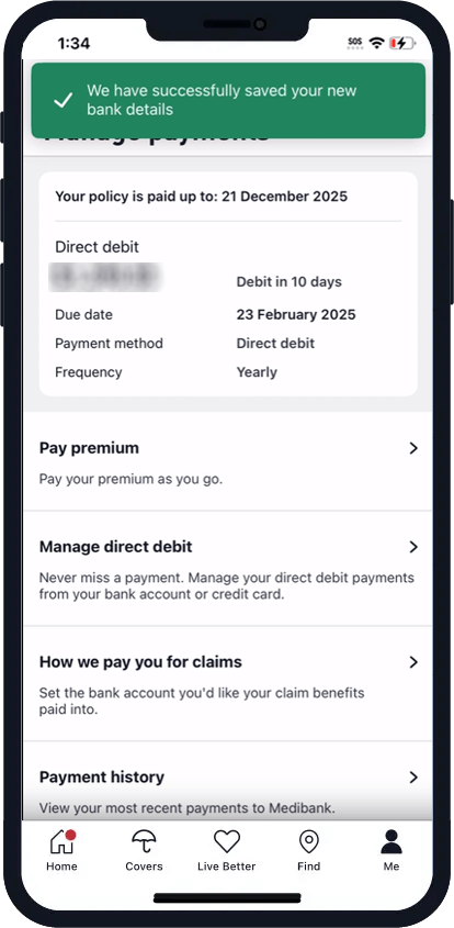 Success - you have added your EFT details to My Medibank
