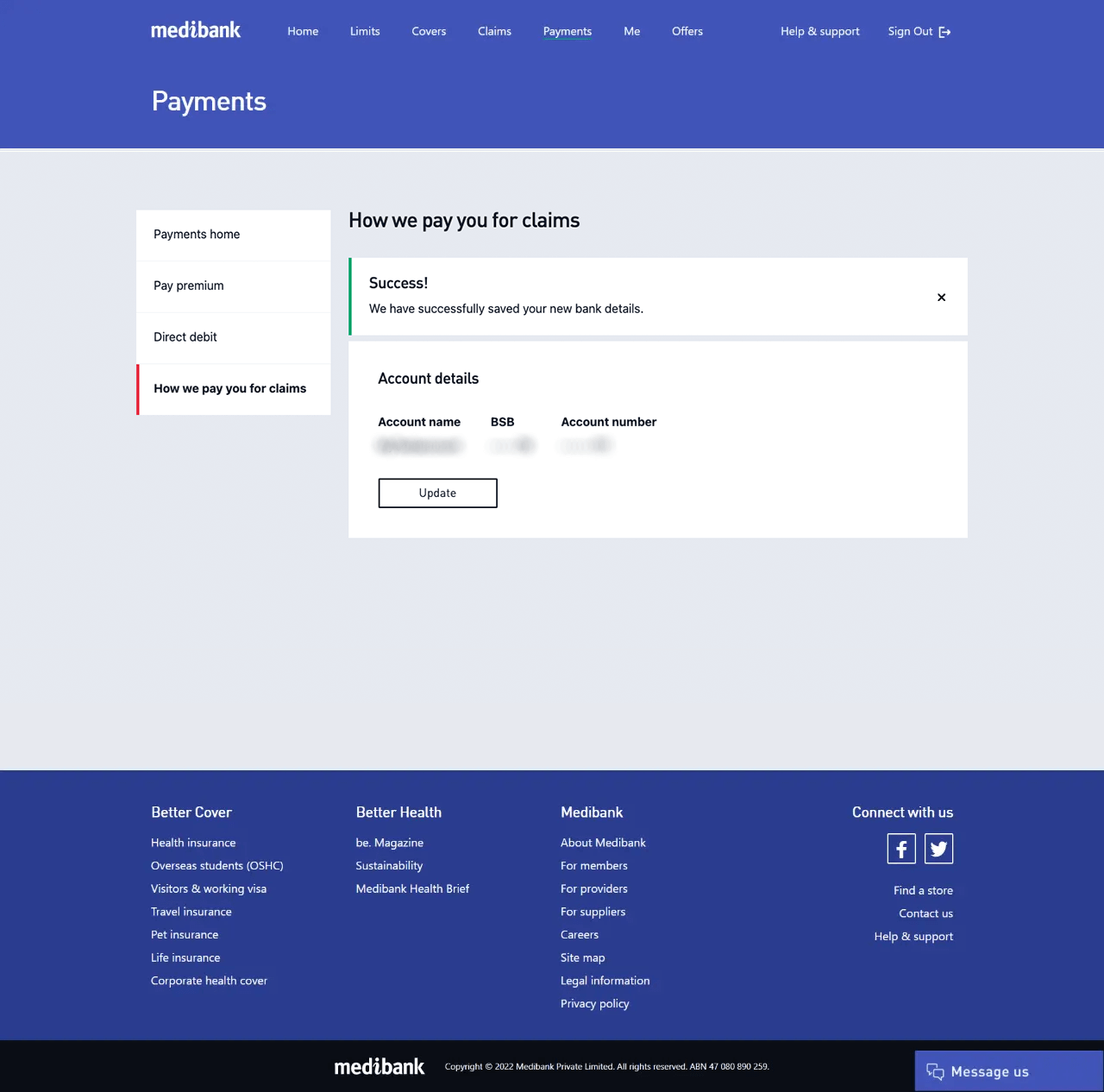 Confirm EFT details are set up in My Medibank online