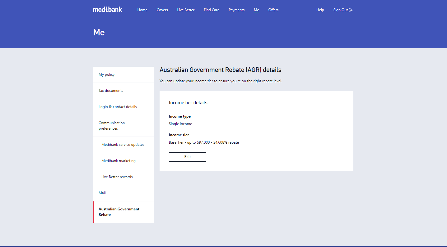 Australian Government Rebate page in My Medibank