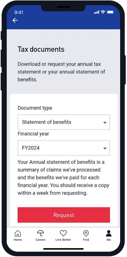 Tax documents screen in My Medibank