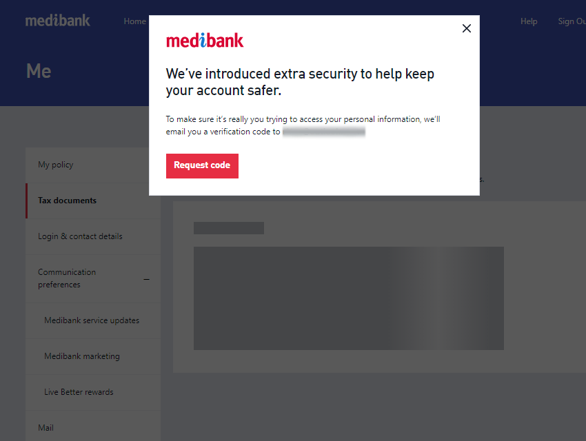 Two factor authentication process in My Medibank